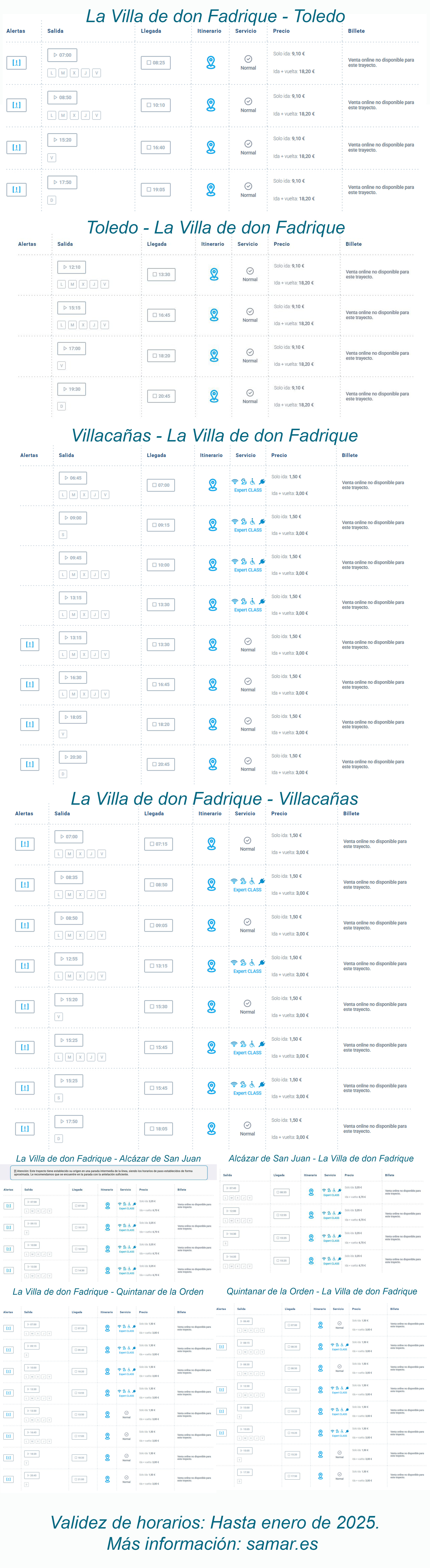Horarios de autobuses entre Alcázar de San Juan y La Villa de don Fadrique, y entre Toledo y La Villa de don Fadrique y viceversa, actualizados a septiembre del 2025 Cuadro de horarios de autobuses a Toledo y a Alcázar de San Juan y viceversa desde septiembre del 2025