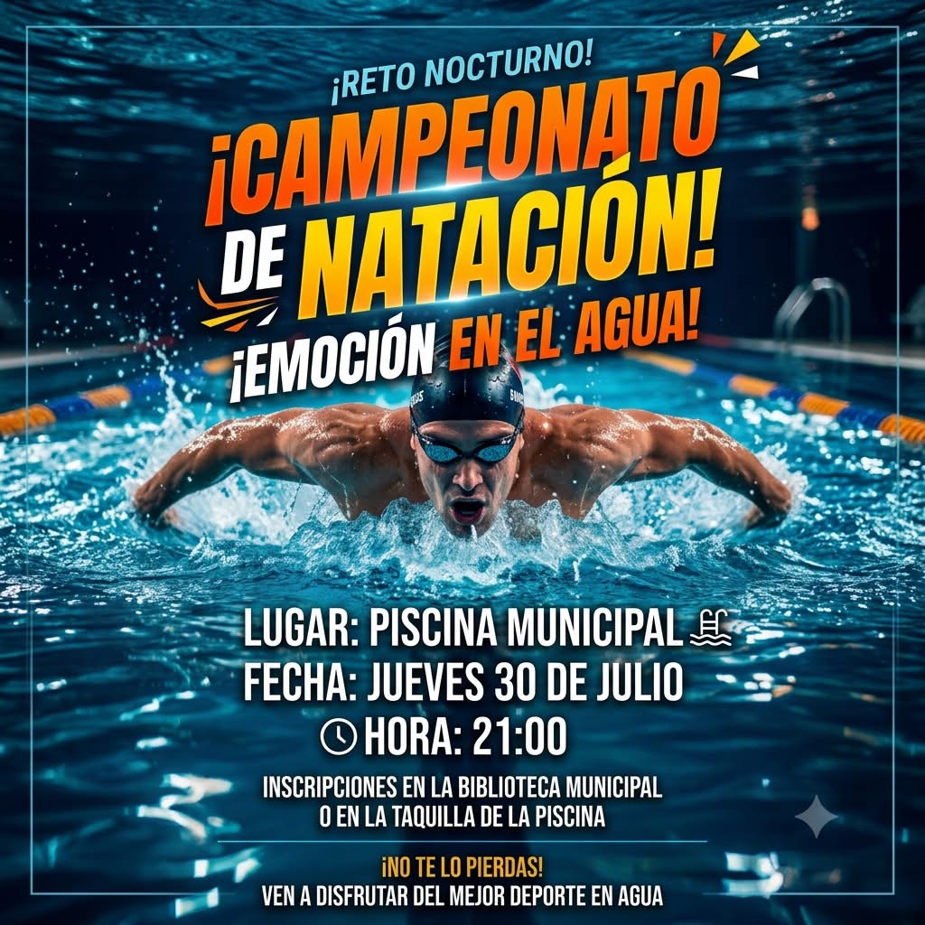 Campeonato de Verano de Natación 30 de julio en la Piscina Municipal a partir de las nueve de la noche Campeonato de Verano de Natación 30 de julio en la Piscina Municipal a partir de las nueve de la noche