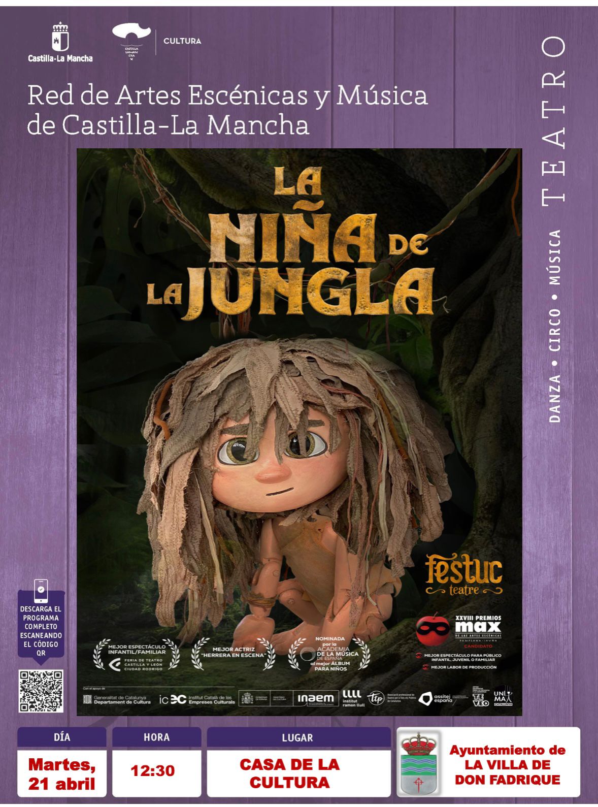 La Niña en la Jungla, teatro infantil para el martes, 21 de abril, a las 12:30 en el Salón de Actos de la Casa de la Cultura LaNinaenlaJungla